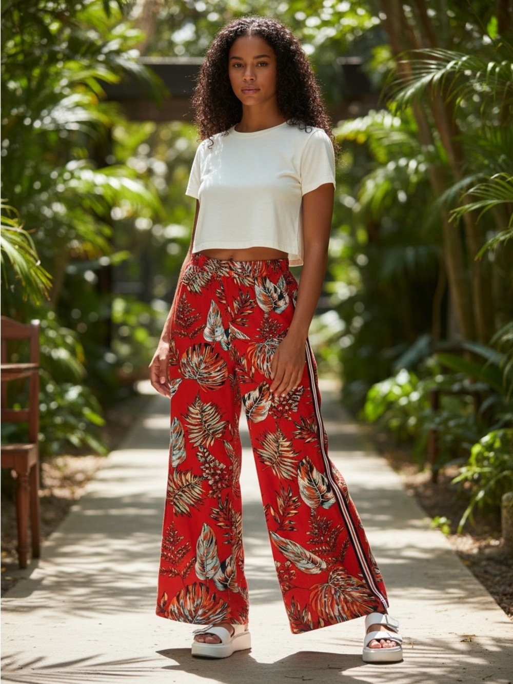 Red Tropical Wide-Leg Pants with Side St